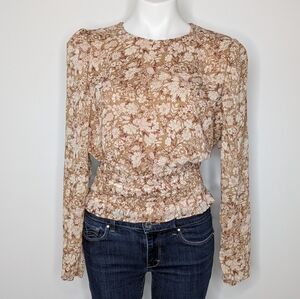 Express Tan Why Gold Floral Chiffon Long Sleeve Smocked Peplum Waist Blouse L